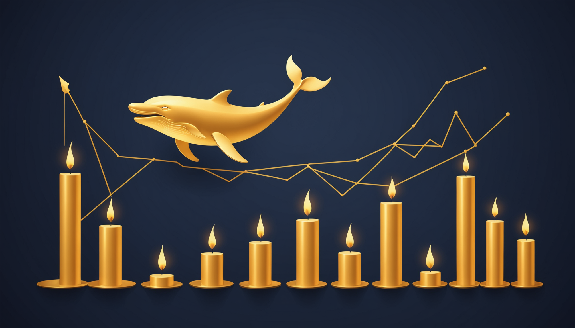 Editorial illustration of a golden whale breaching through a glowing candlestick price chart on a deep navy background