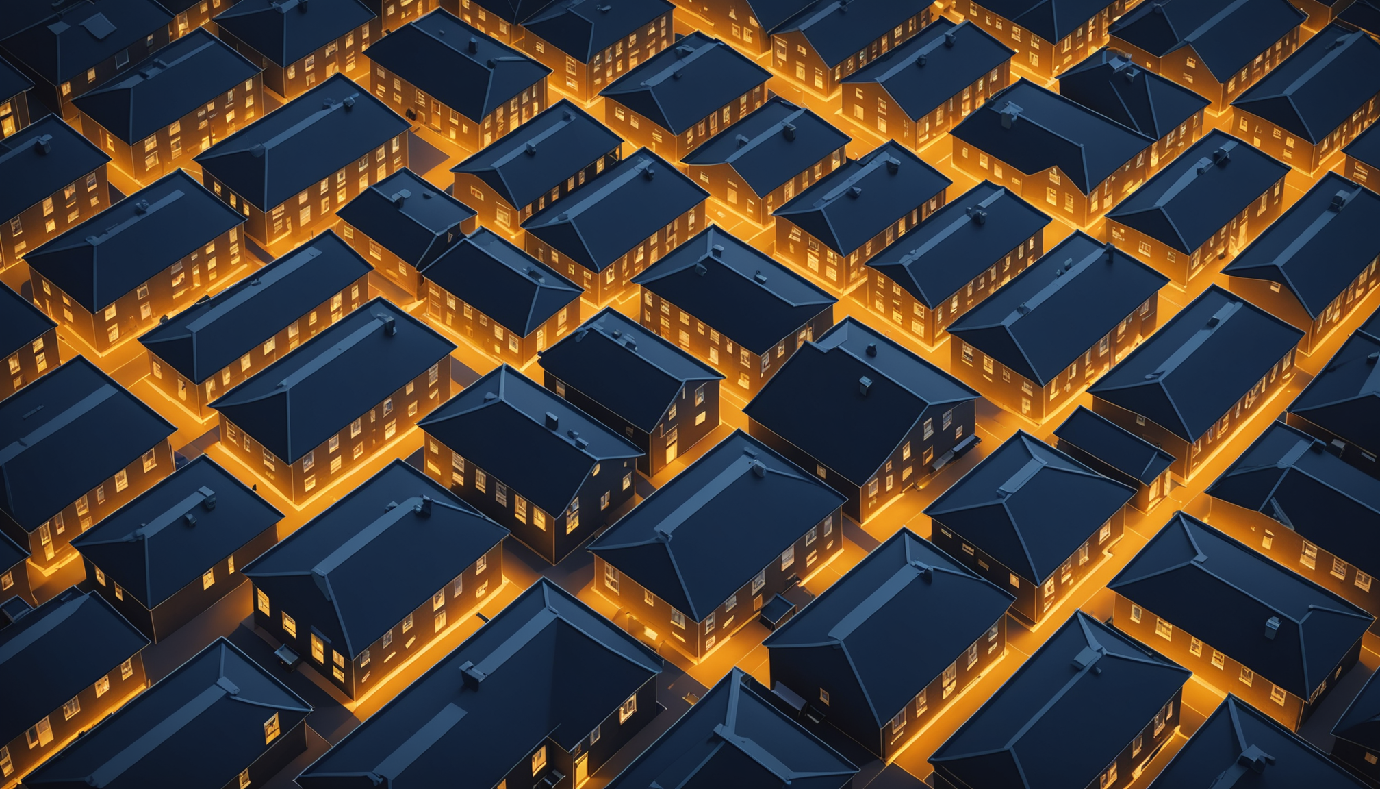 Aerial illustration of attached townhouse rooftops traced by a gold LiDAR scan grid