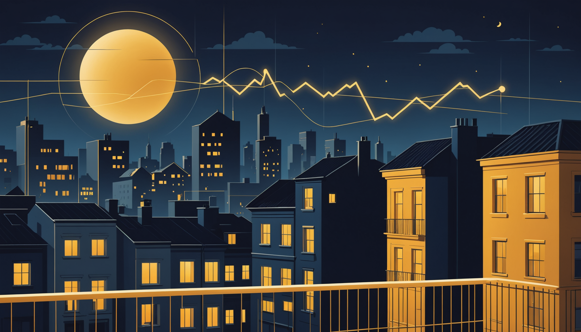 Illustration of a residential street at night seen from a balcony, with a gold level chart above the rooftops