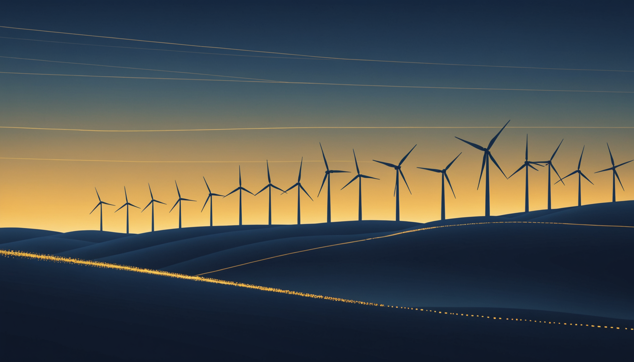 Illustration of a wind farm at dusk with glowing gold data-lines connecting each turbine